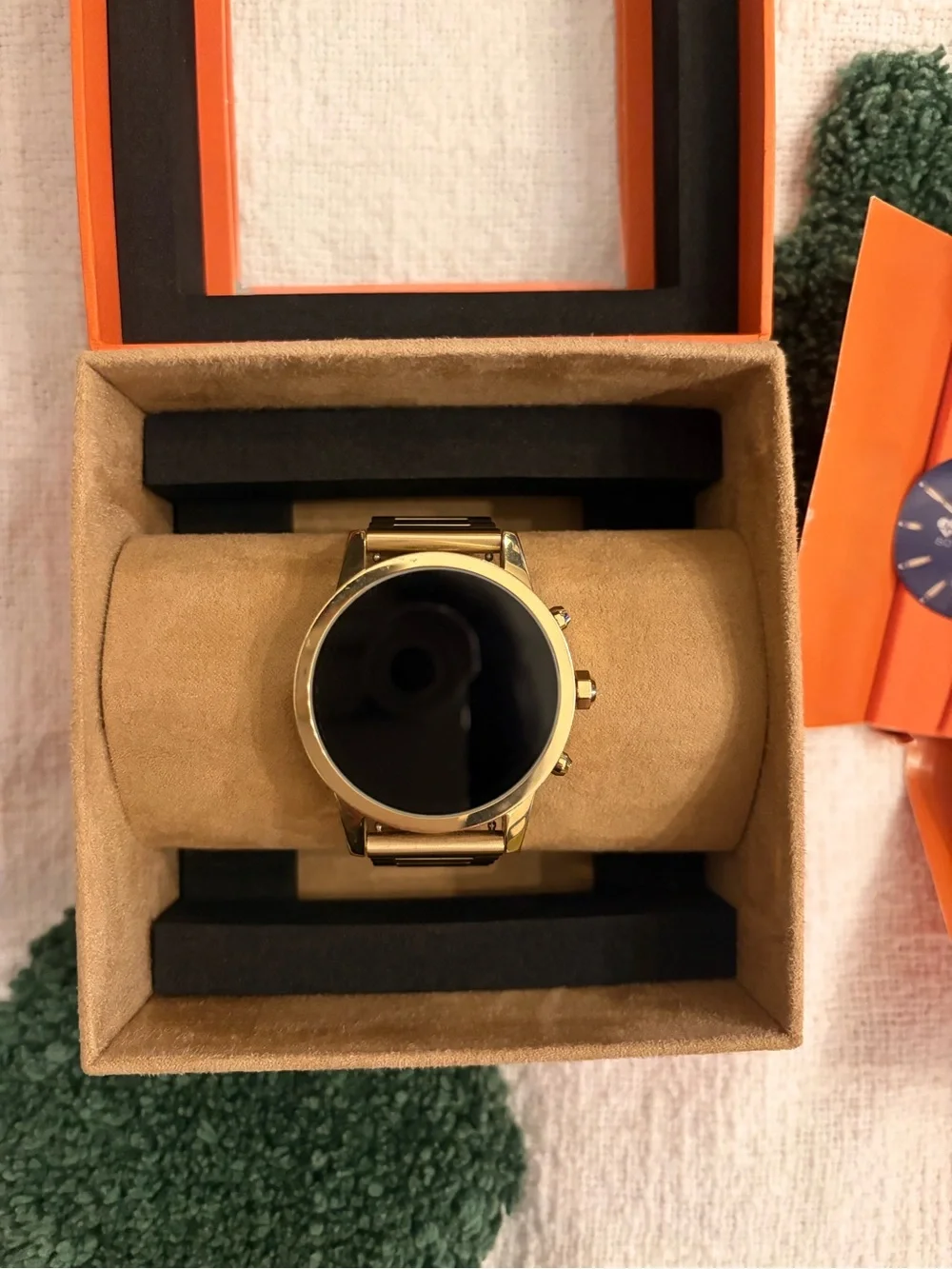 Tory Burch Navy Dial Watch with Gold Accents and Orange Packaging